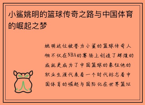 小鲨姚明的篮球传奇之路与中国体育的崛起之梦